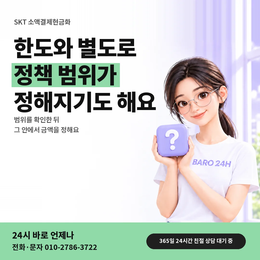 물음표 상자를 든 BARO 24H 티셔츠를 입은 3D 인물 옆에 「SKT 정책으로 정해지는 결제 범위」 제목을 얹은 안내 카드