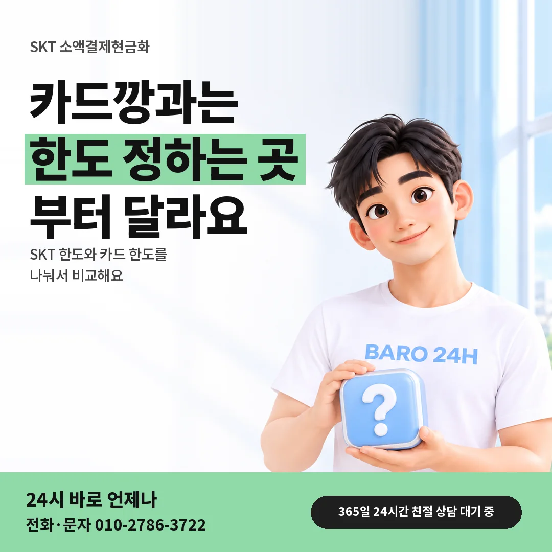 물음표 상자를 든 BARO 24H 티셔츠를 입은 3D 인물 옆에 「SKT 카드깡과 한도 비교」 제목을 얹은 안내 카드