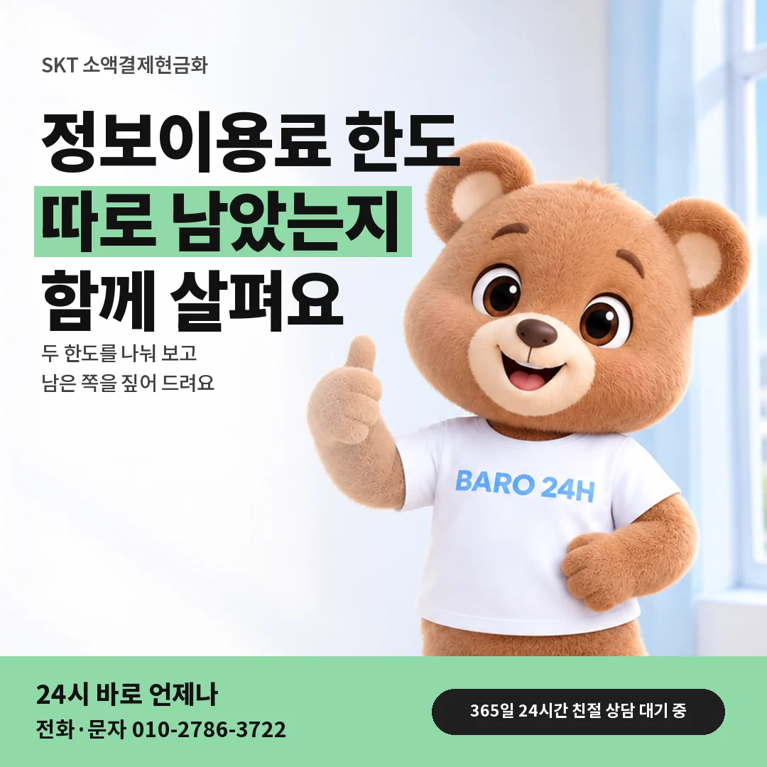 휴대폰을 보며 웃는 BARO 24H 티셔츠를 입은 3D 곰 캐릭터 옆에 「SKT 정보이용료 한도 따로 보기」 제목을 얹은 안내 카드